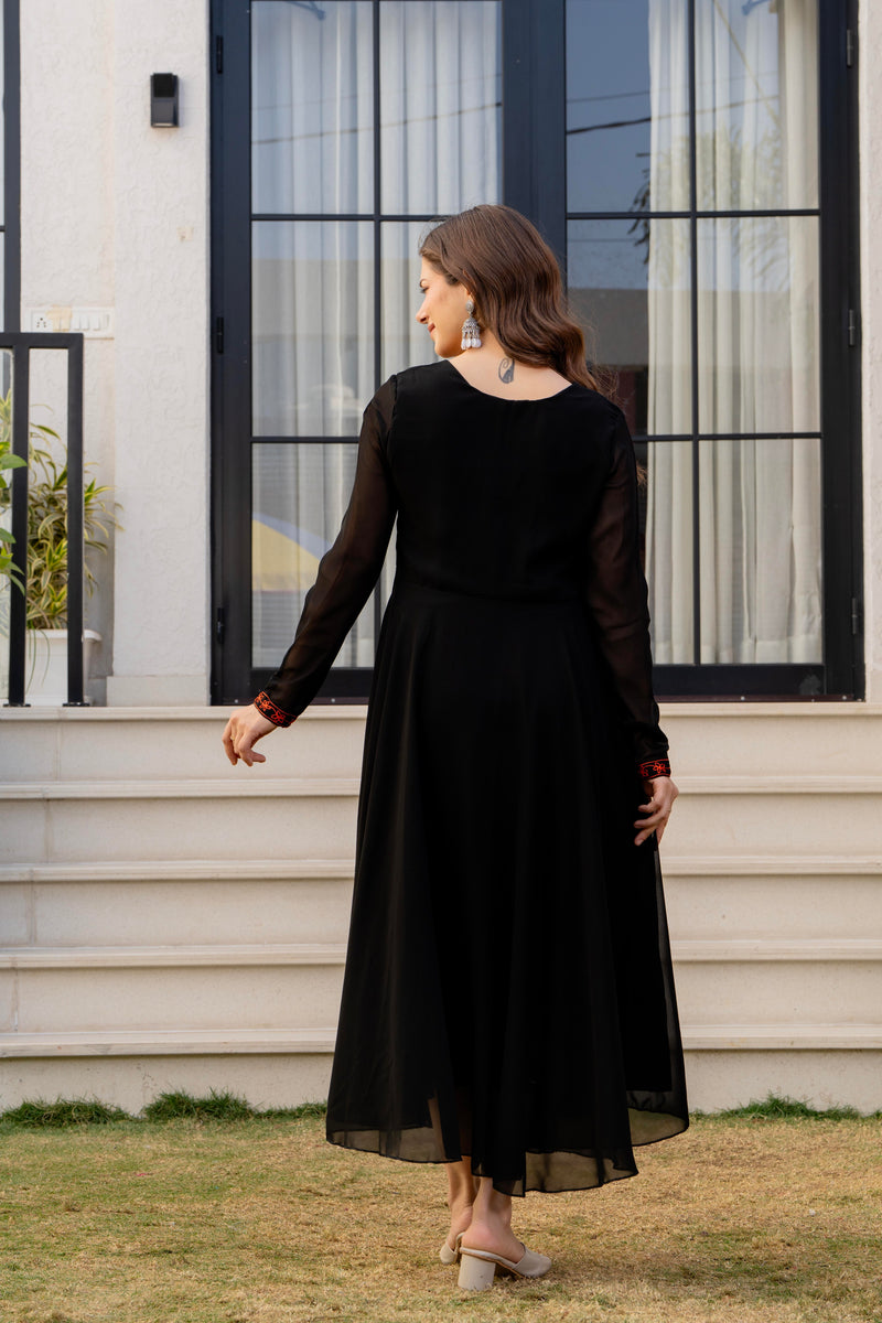 Poshak Hub Women -Black Ethnic Motifs Aari Work Georgette Anarkali Kurta