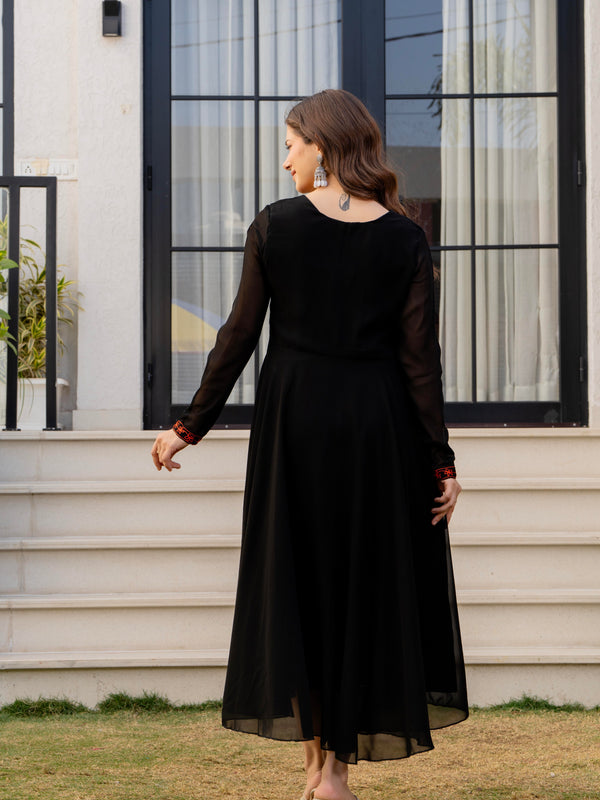 Poshak Hub Women -Black Ethnic Motifs Aari Work Georgette Anarkali Kurta