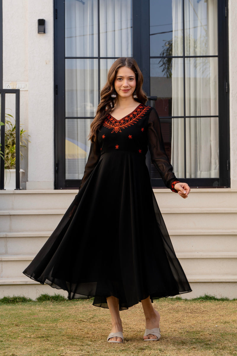Poshak Hub Women -Black Ethnic Motifs Aari Work Georgette Anarkali Kurta
