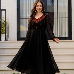 Poshak Hub Women -Black Ethnic Motifs Aari Work Georgette Anarkali Kurta