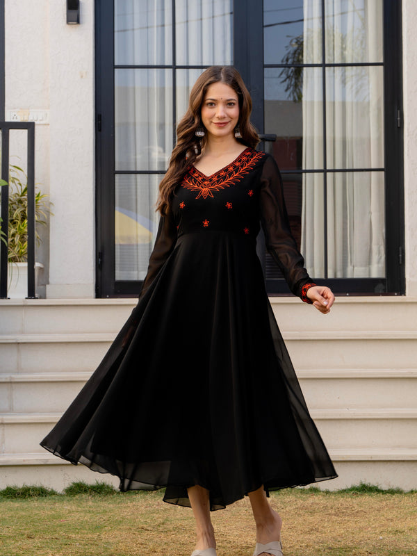 Poshak Hub Women -Black Ethnic Motifs Aari Work Georgette Anarkali Kurta