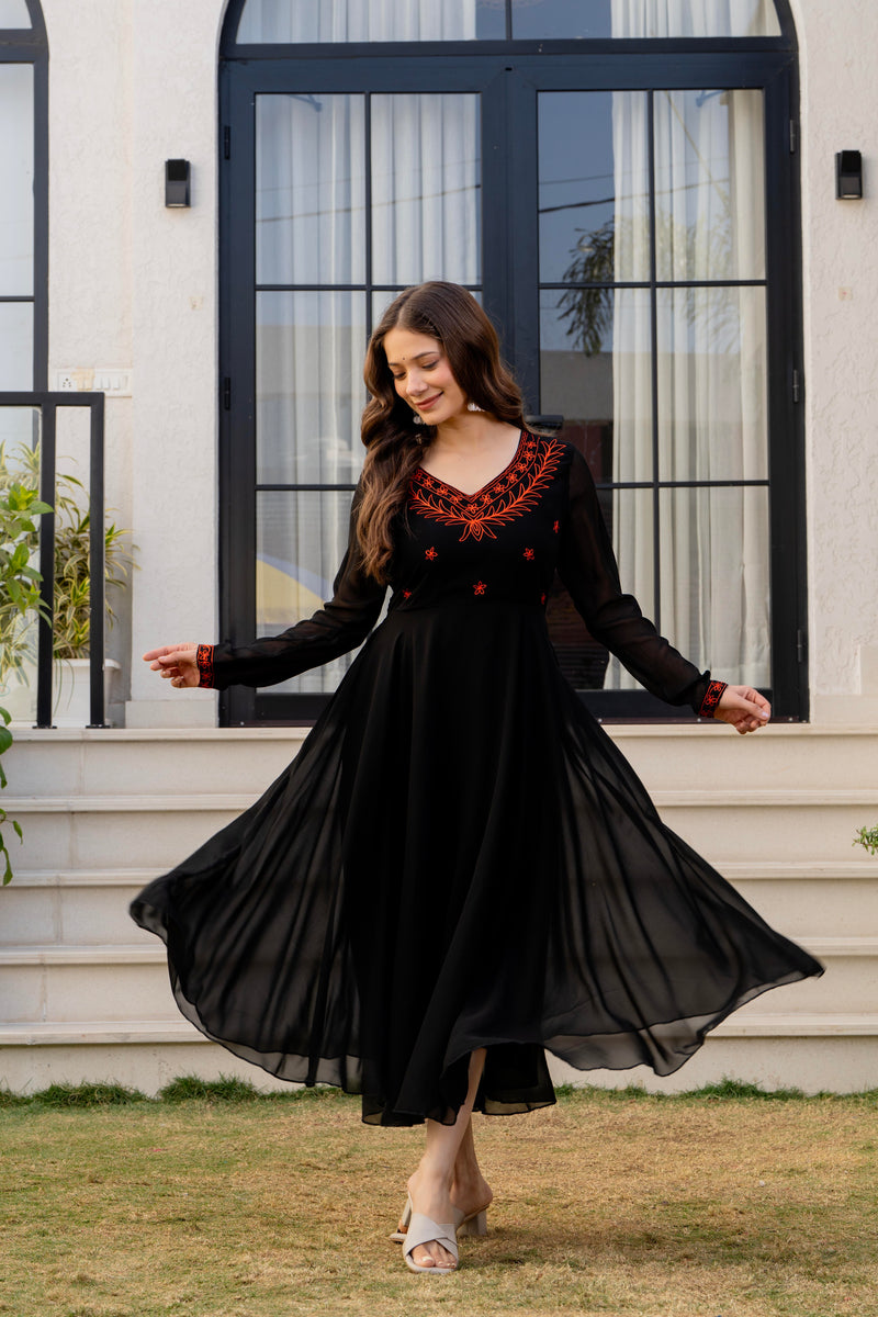 Poshak Hub Women -Black Ethnic Motifs Aari Work Georgette Anarkali Kurta
