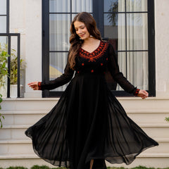Poshak Hub Women -Black Ethnic Motifs Aari Work Georgette Anarkali Kurta