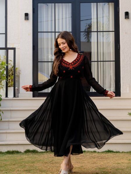 Poshak Hub Women -Black Ethnic Motifs Aari Work Georgette Anarkali Kurta