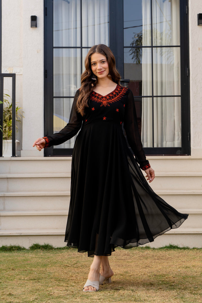 Poshak Hub Women -Black Ethnic Motifs Aari Work Georgette Anarkali Kurta