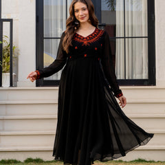 Poshak Hub Women -Black Ethnic Motifs Aari Work Georgette Anarkali Kurta