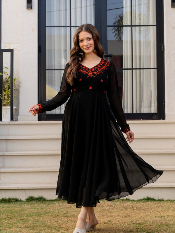 Poshak Hub Women -Black Ethnic Motifs Aari Work Georgette Anarkali Kurta