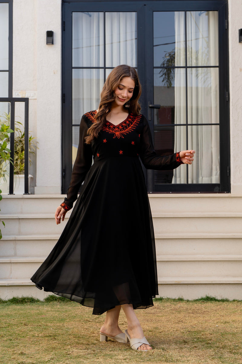 Poshak Hub Women -Black Ethnic Motifs Aari Work Georgette Anarkali Kurta
