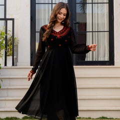 Poshak Hub Women -Black Ethnic Motifs Aari Work Georgette Anarkali Kurta