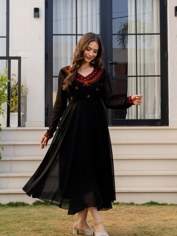 Poshak Hub Women -Black Ethnic Motifs Aari Work Georgette Anarkali Kurta