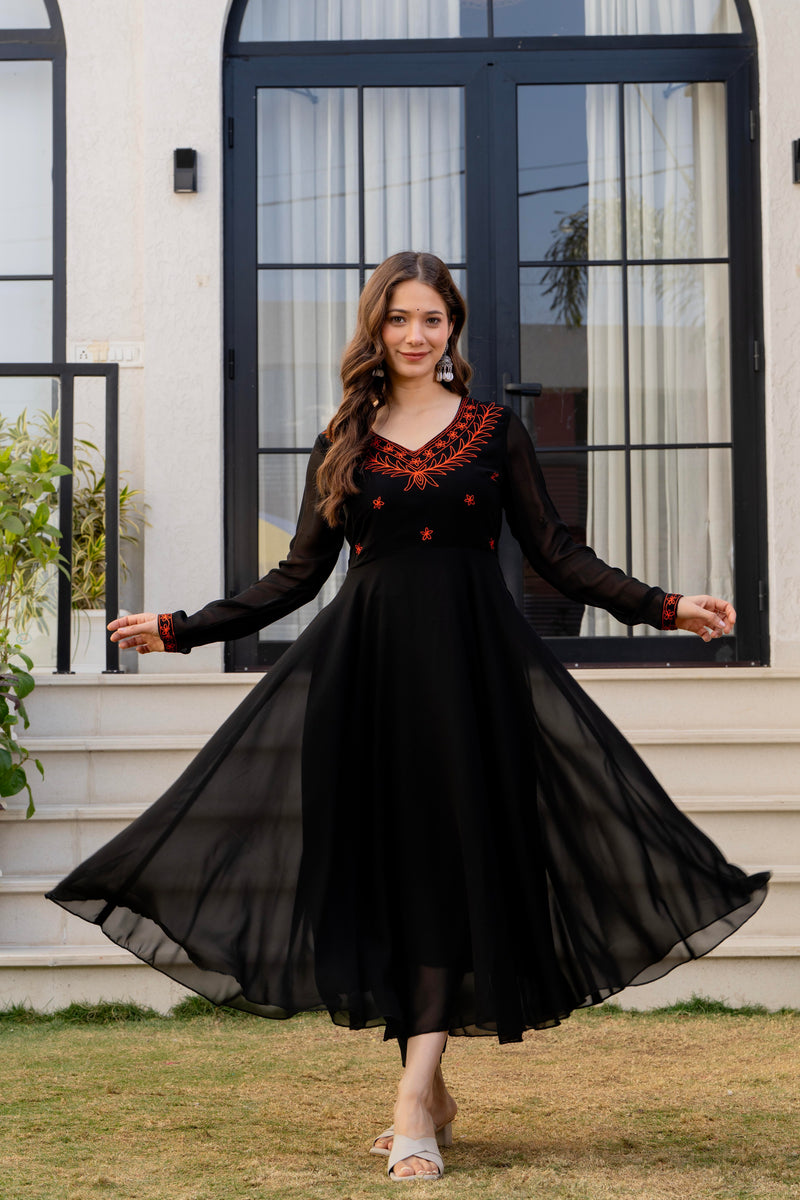 Poshak Hub Women -Black Ethnic Motifs Aari Work Georgette Anarkali Kurta