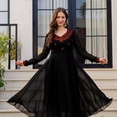 Poshak Hub Women -Black Ethnic Motifs Aari Work Georgette Anarkali Kurta