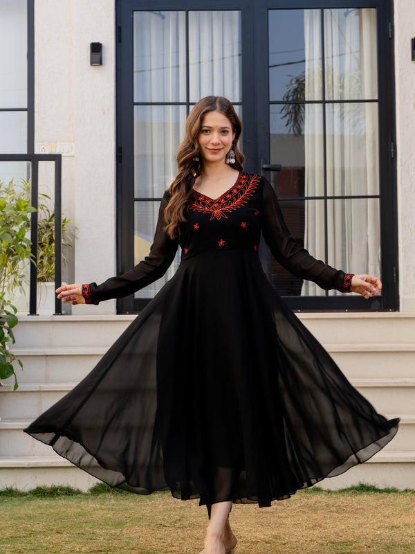 Poshak Hub Women -Black Ethnic Motifs Aari Work Georgette Anarkali Kurta