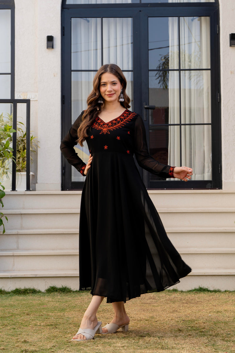 Poshak Hub Women -Black Ethnic Motifs Aari Work Georgette Anarkali Kurta