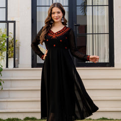 Poshak Hub Women -Black Ethnic Motifs Aari Work Georgette Anarkali Kurta