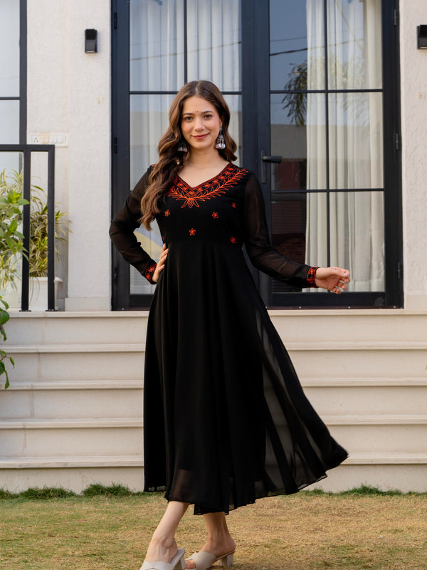 Poshak Hub Women -Black Ethnic Motifs Aari Work Georgette Anarkali Kurta