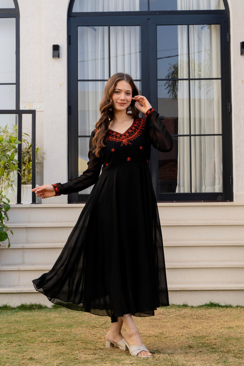 Poshak Hub Women -Black Ethnic Motifs Aari Work Georgette Anarkali Kurta