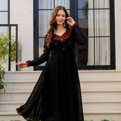 Poshak Hub Women -Black Ethnic Motifs Aari Work Georgette Anarkali Kurta