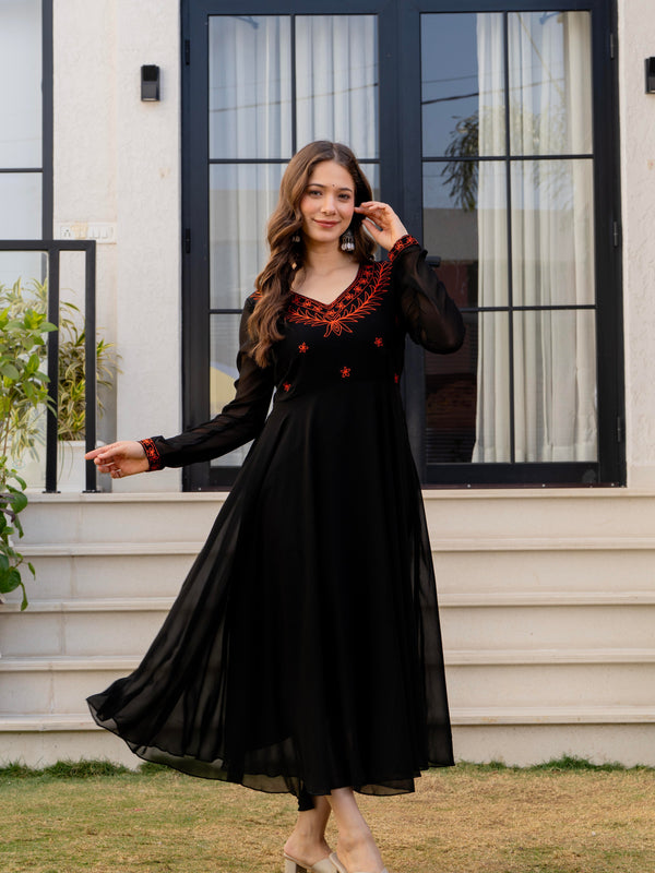 Poshak Hub Women -Black Ethnic Motifs Aari Work Georgette Anarkali Kurta