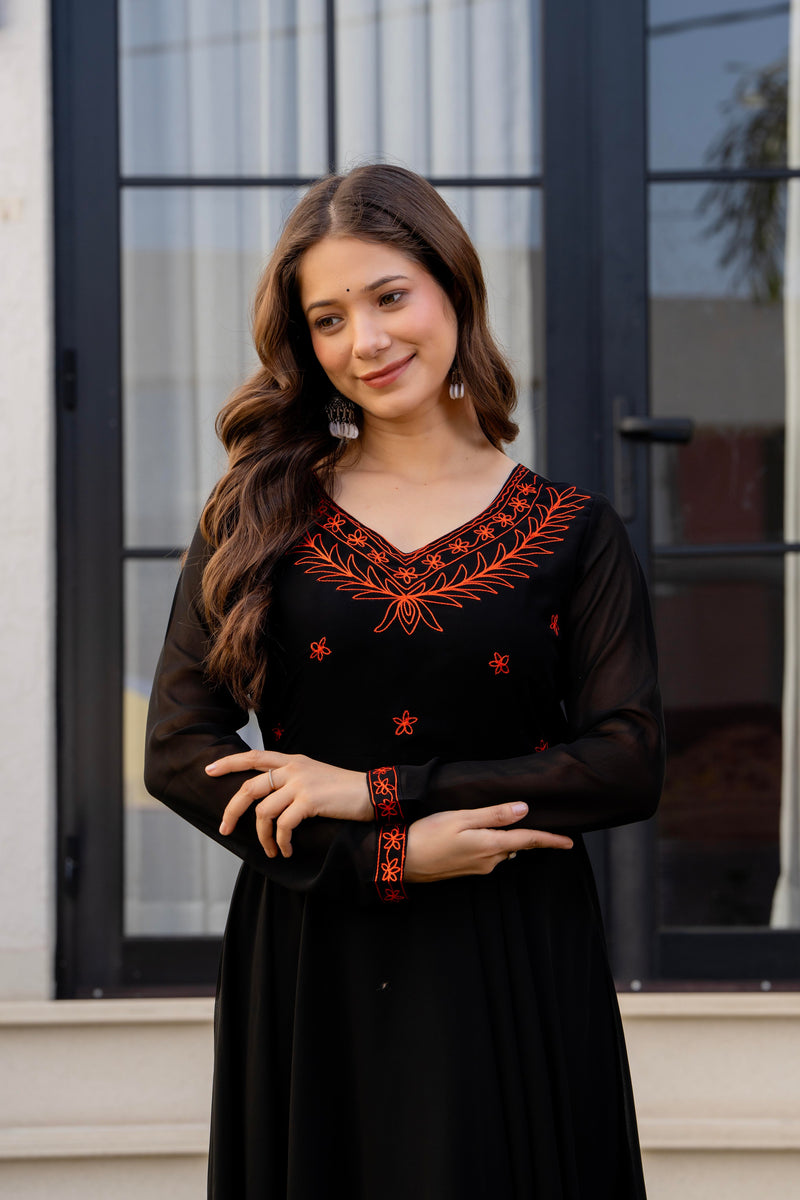 Poshak Hub Women -Black Ethnic Motifs Aari Work Georgette Anarkali Kurta