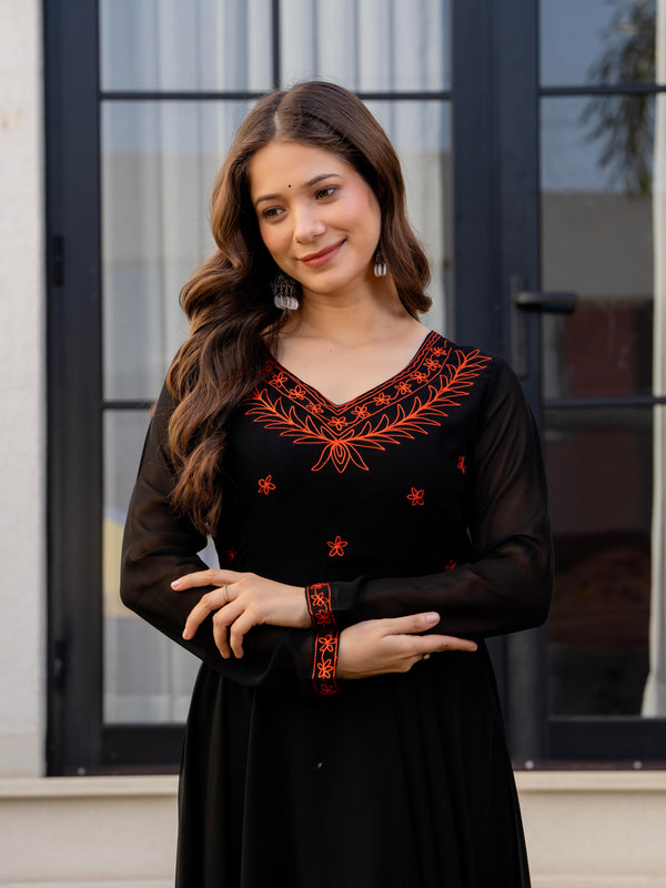 Poshak Hub Women -Black Ethnic Motifs Aari Work Georgette Anarkali Kurta