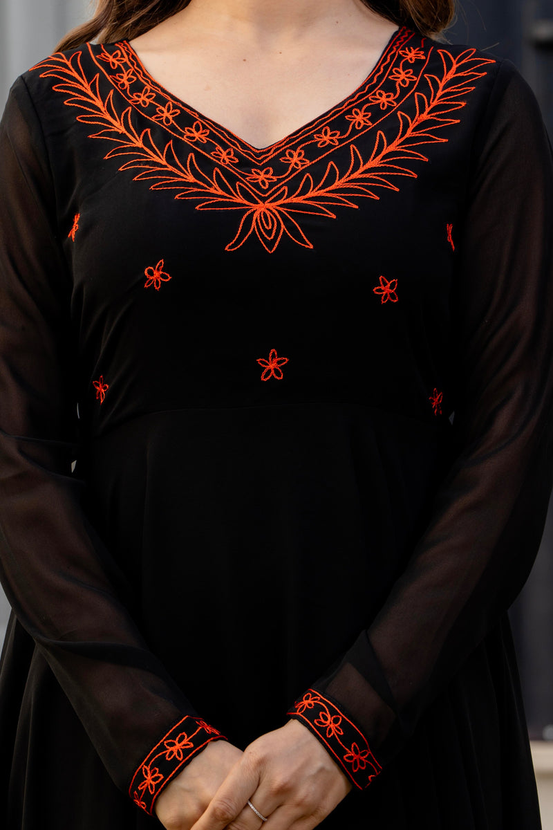 Poshak Hub Women -Black Ethnic Motifs Aari Work Georgette Anarkali Kurta