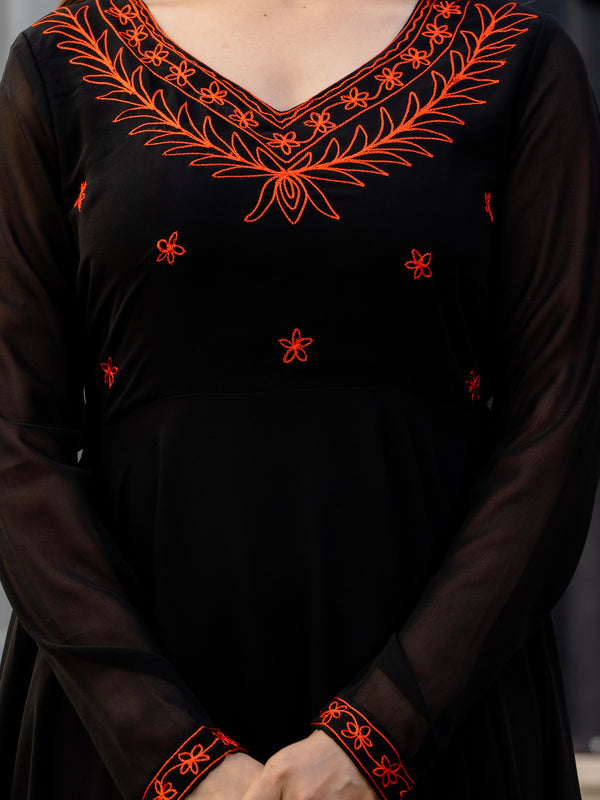 Poshak Hub Women -Black Ethnic Motifs Aari Work Georgette Anarkali Kurta