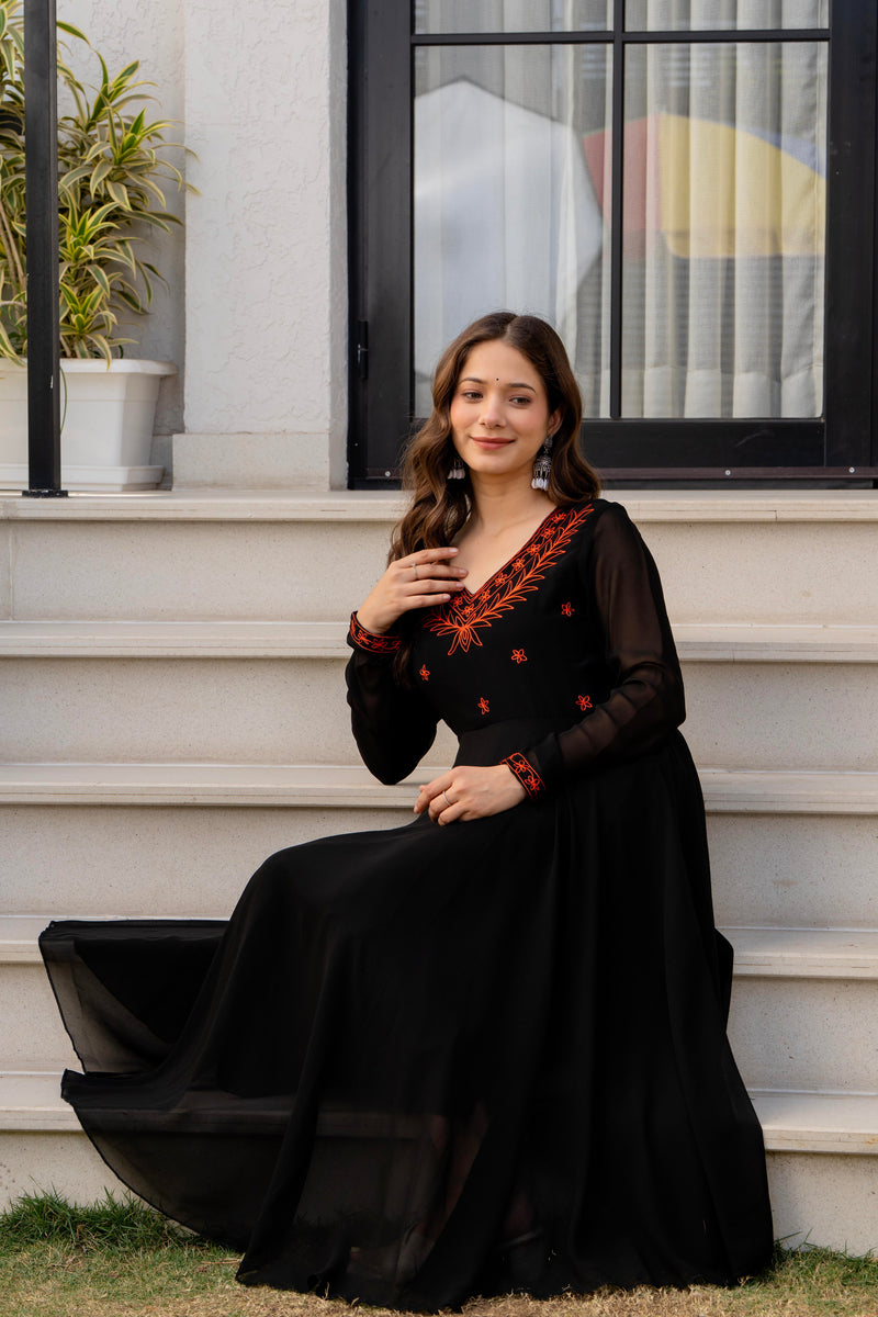 Poshak Hub Women -Black Ethnic Motifs Aari Work Georgette Anarkali Kurta