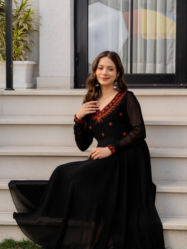 Poshak Hub Women -Black Ethnic Motifs Aari Work Georgette Anarkali Kurta