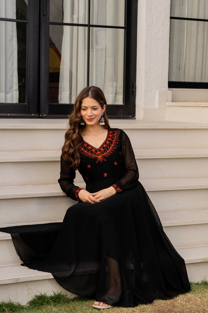 Poshak Hub Women -Black Ethnic Motifs Aari Work Georgette Anarkali Kurta