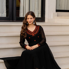 Poshak Hub Women -Black Ethnic Motifs Aari Work Georgette Anarkali Kurta