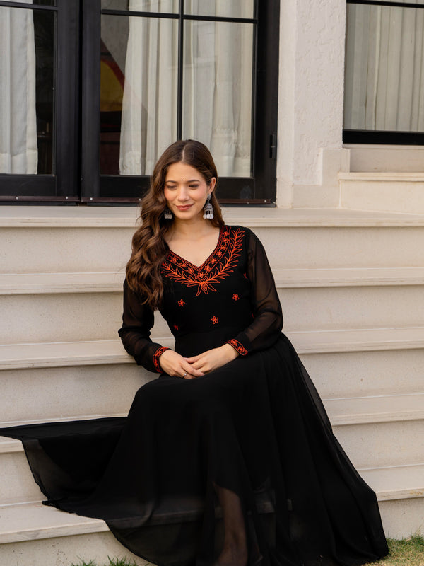 Poshak Hub Women -Black Ethnic Motifs Aari Work Georgette Anarkali Kurta