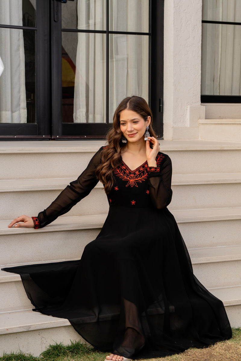 Poshak Hub Women -Black Ethnic Motifs Aari Work Georgette Anarkali Kurta