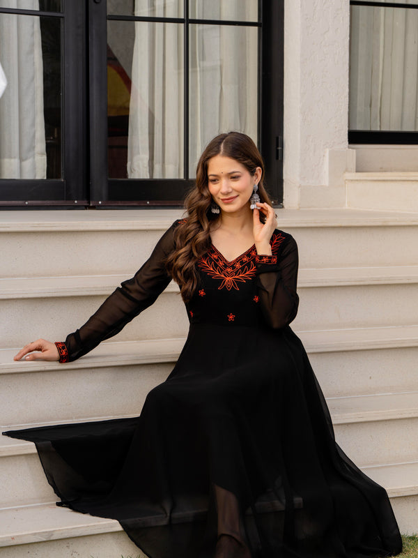 Poshak Hub Women -Black Ethnic Motifs Aari Work Georgette Anarkali Kurta