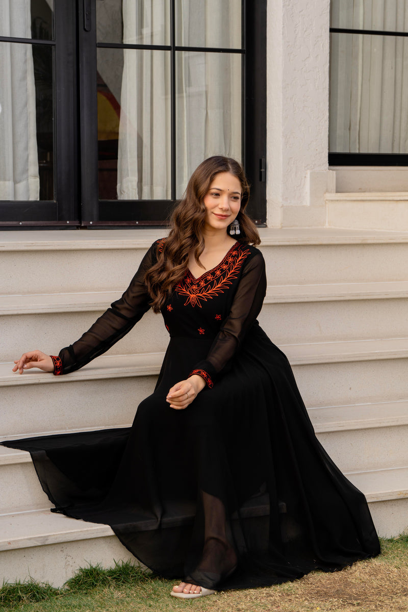 Poshak Hub Women -Black Ethnic Motifs Aari Work Georgette Anarkali Kurta