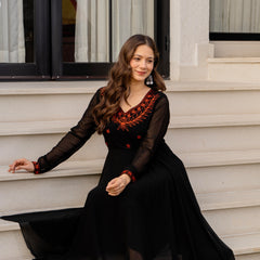 Poshak Hub Women -Black Ethnic Motifs Aari Work Georgette Anarkali Kurta