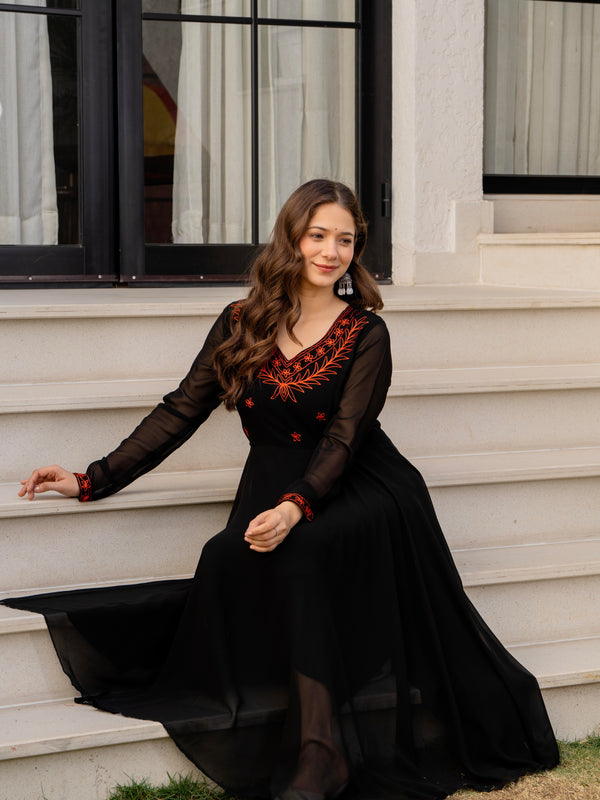 Poshak Hub Women -Black Ethnic Motifs Aari Work Georgette Anarkali Kurta