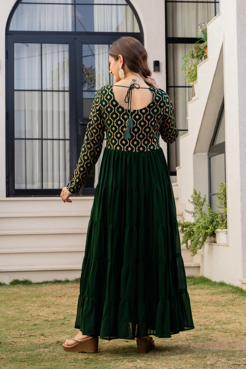 Poshak Hub Women Green Georgette Foil print Tiered Anarkali Kurta