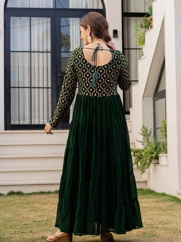 Poshak Hub Women Green Georgette Foil print Tiered Anarkali Kurta