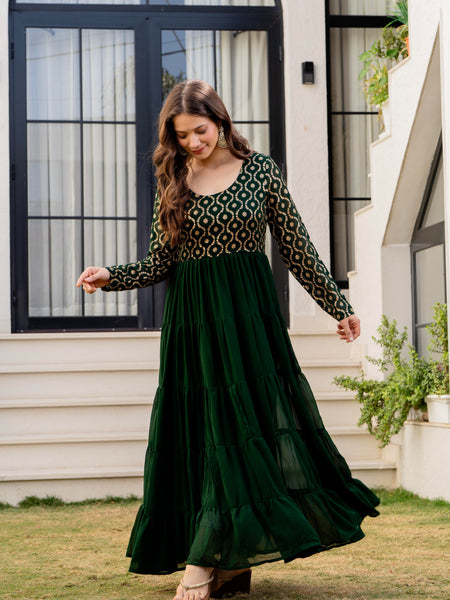 Poshak Hub Women Green Georgette Foil print Tiered Anarkali Kurta