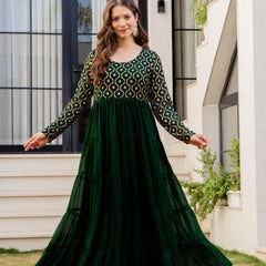 Poshak Hub Women Green Georgette Foil print Tiered Anarkali Kurta