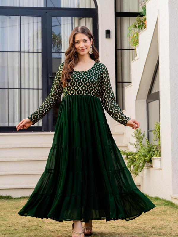Poshak Hub Women Green Georgette Foil print Tiered Anarkali Kurta