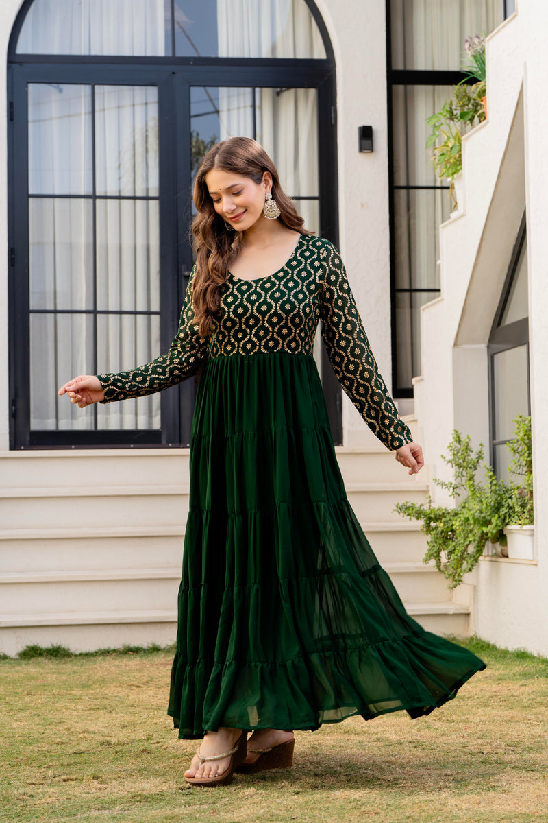 Poshak Hub Women Green Georgette Foil print Tiered Anarkali Kurta
