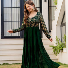 Poshak Hub Women Green Georgette Foil print Tiered Anarkali Kurta