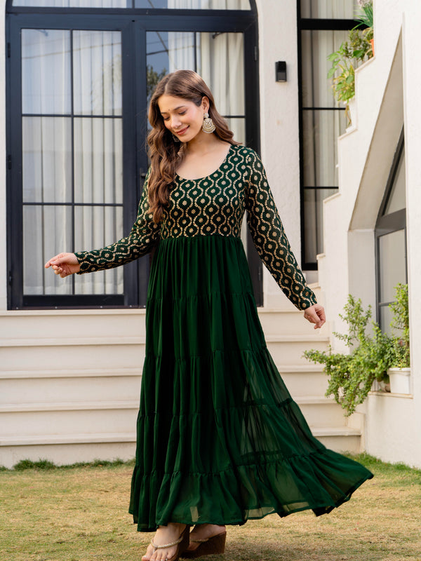 Poshak Hub Women Green Georgette Foil print Tiered Anarkali Kurta