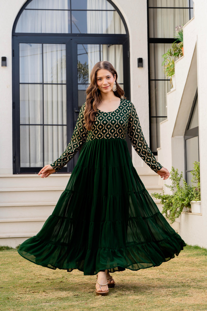 Poshak Hub Women Green Georgette Foil print Tiered Anarkali Kurta