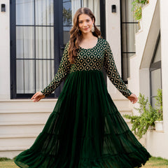 Poshak Hub Women Green Georgette Foil print Tiered Anarkali Kurta