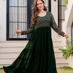 Poshak Hub Women Green Georgette Foil print Tiered Anarkali Kurta