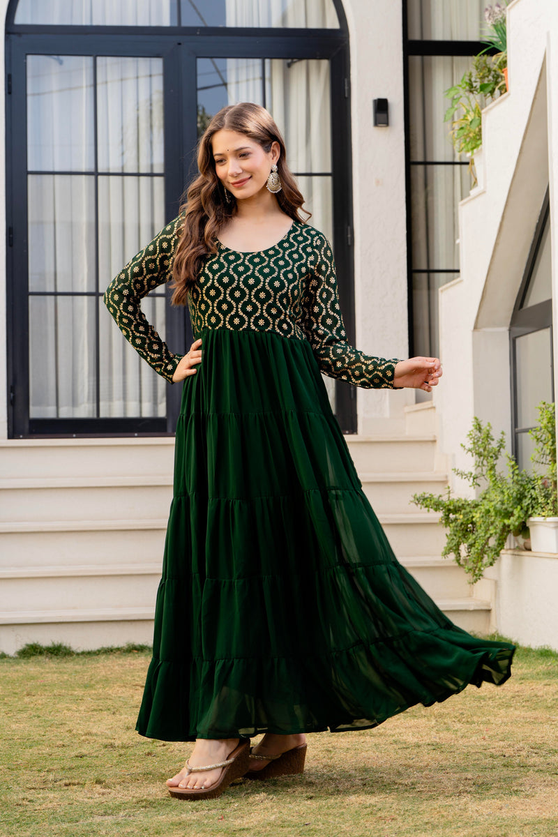 Poshak Hub Women Green Georgette Foil print Tiered Anarkali Kurta