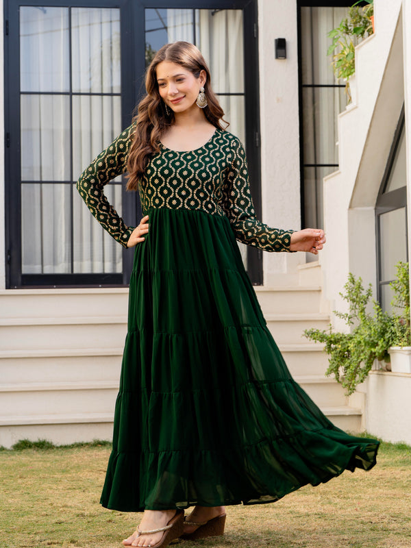 Poshak Hub Women Green Georgette Foil print Tiered Anarkali Kurta